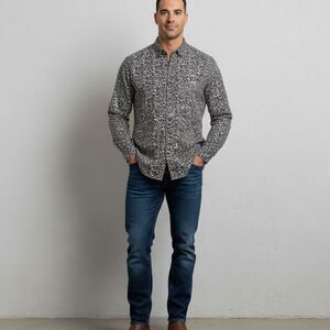 ID One Button Up Shirt Black White Floral Print Size 2XL Long Sleeve Casual